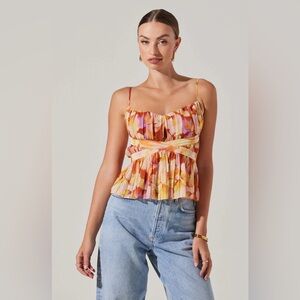 ASTR Rust Yellow Flora Spaghetti Strap Gathered Bodice Katie Top
